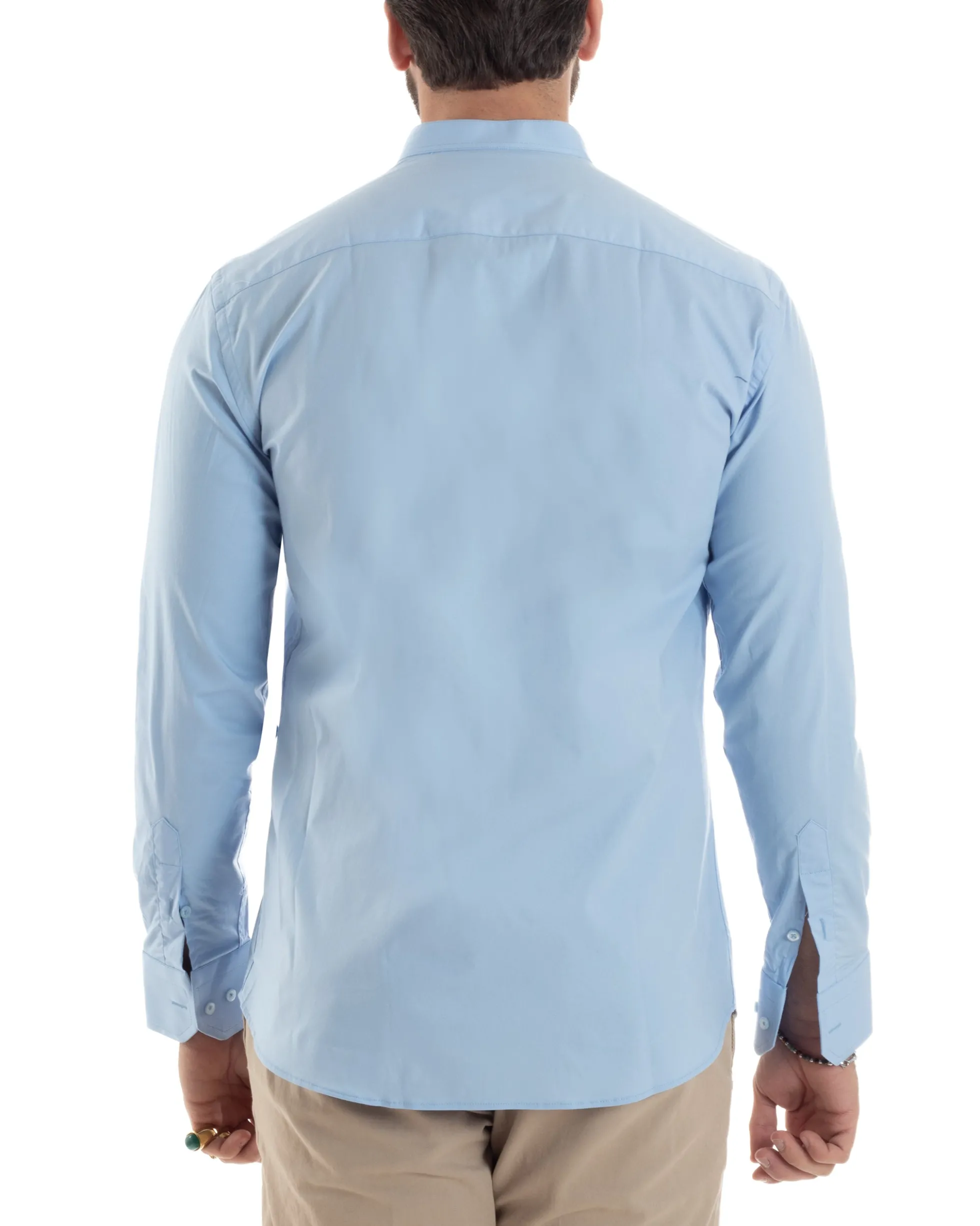 Camicia Uomo Collo Coreano Cotone Basic Sartoriale Slim Fit Celeste C2939A
