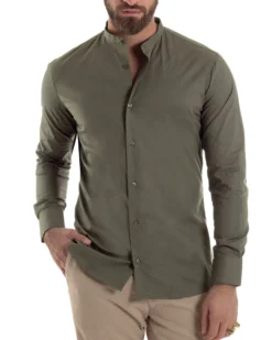 Camicia Uomo Collo Coreano Cotone Basic Sartoriale Slim Fit Verde Militare C2930A