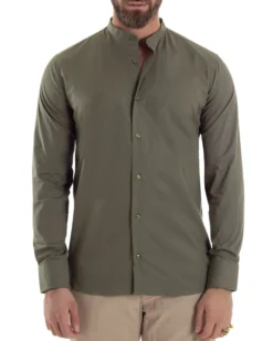 Camicia Uomo Collo Coreano Cotone Basic Sartoriale Slim Fit Verde Militare C2930A