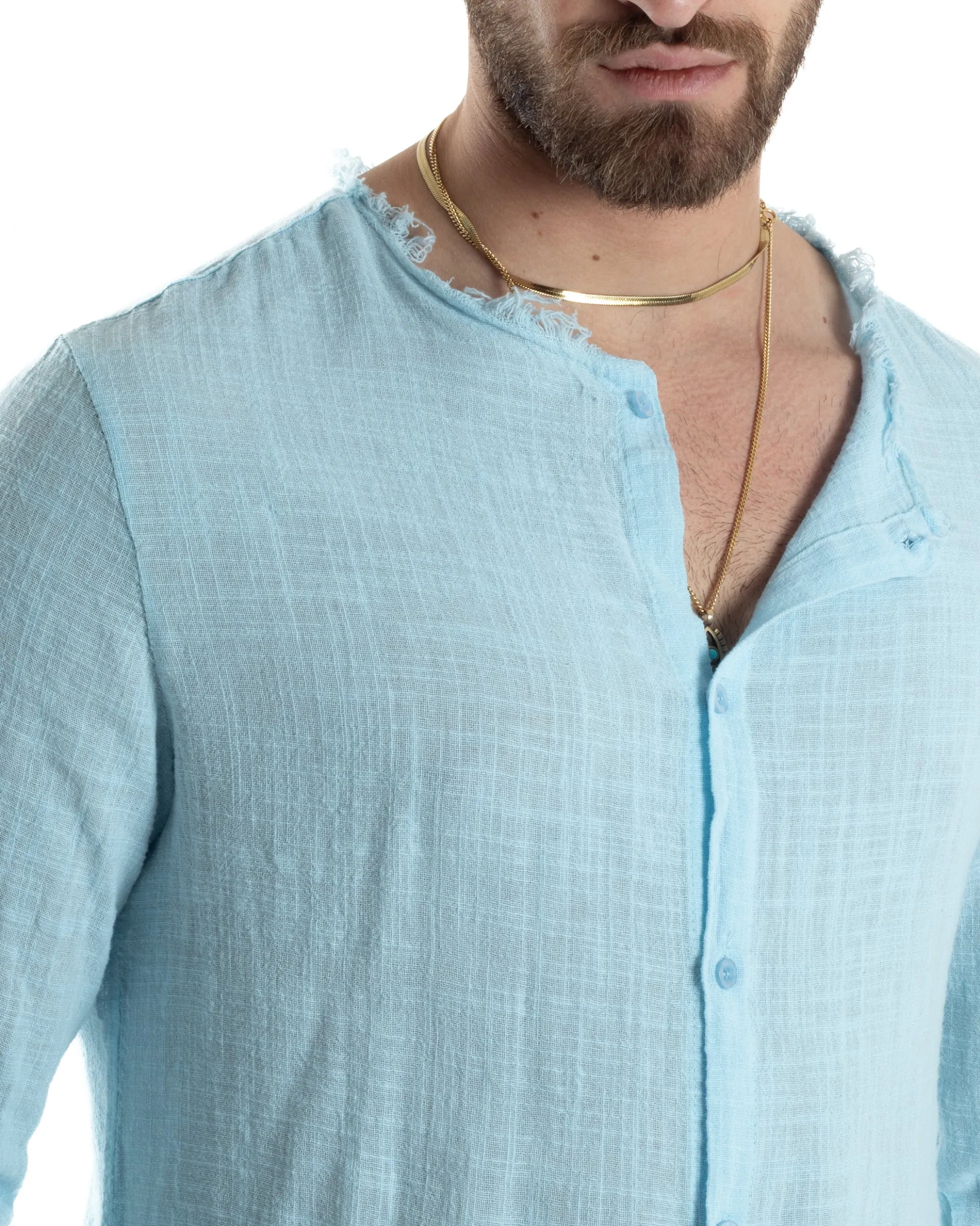 Camicia Uomo Collo Coreano Cotone Lino Sfrangiata Morbida Celeste GIOSAL-C2837A