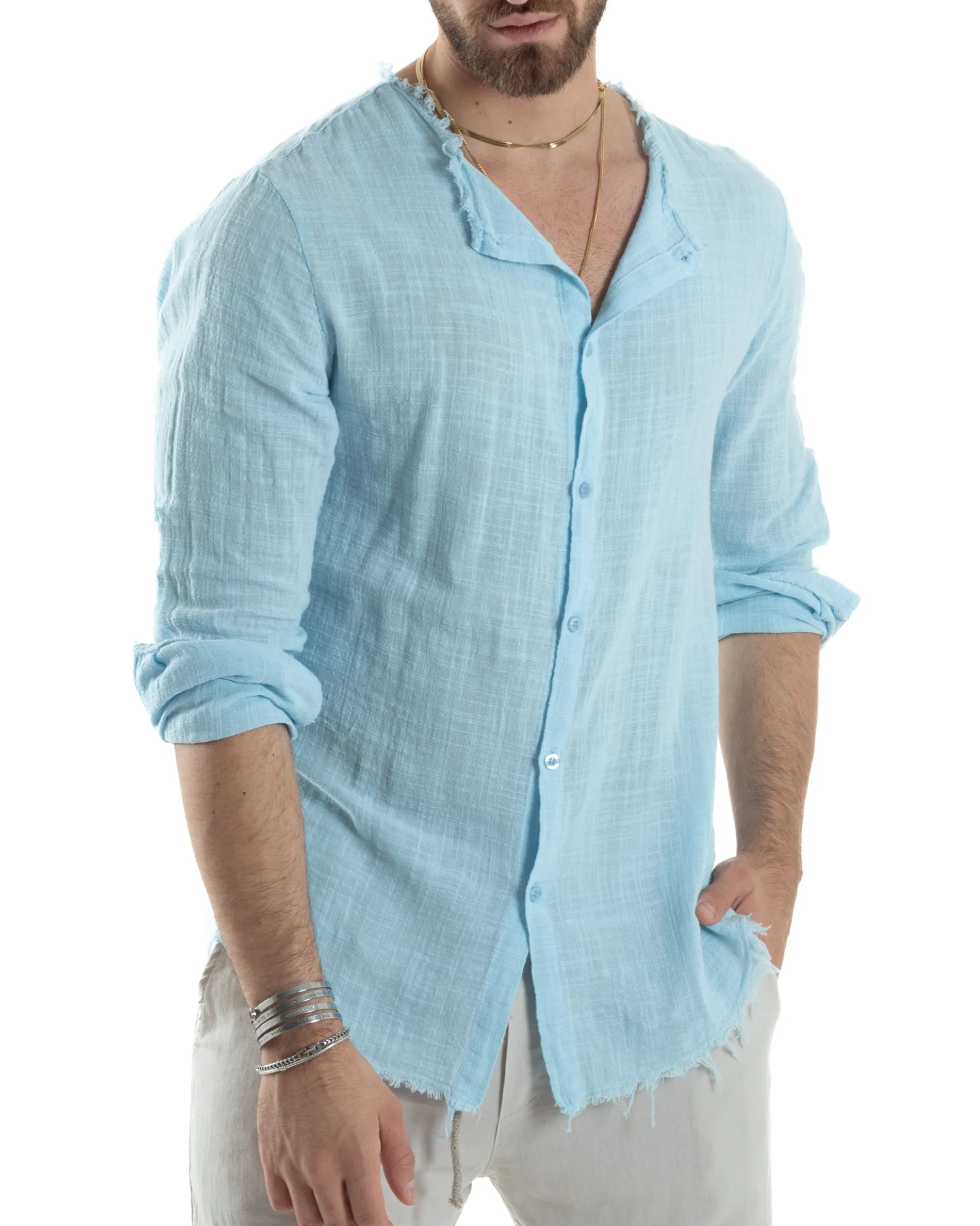 Camicia Uomo Collo Coreano Cotone Lino Sfrangiata Morbida Celeste GIOSAL-C2837A