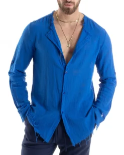 Camicia Uomo Collo Coreano Cotone Lino Sfrangiata Morbida Blu Royal GIOSAL-C2842A