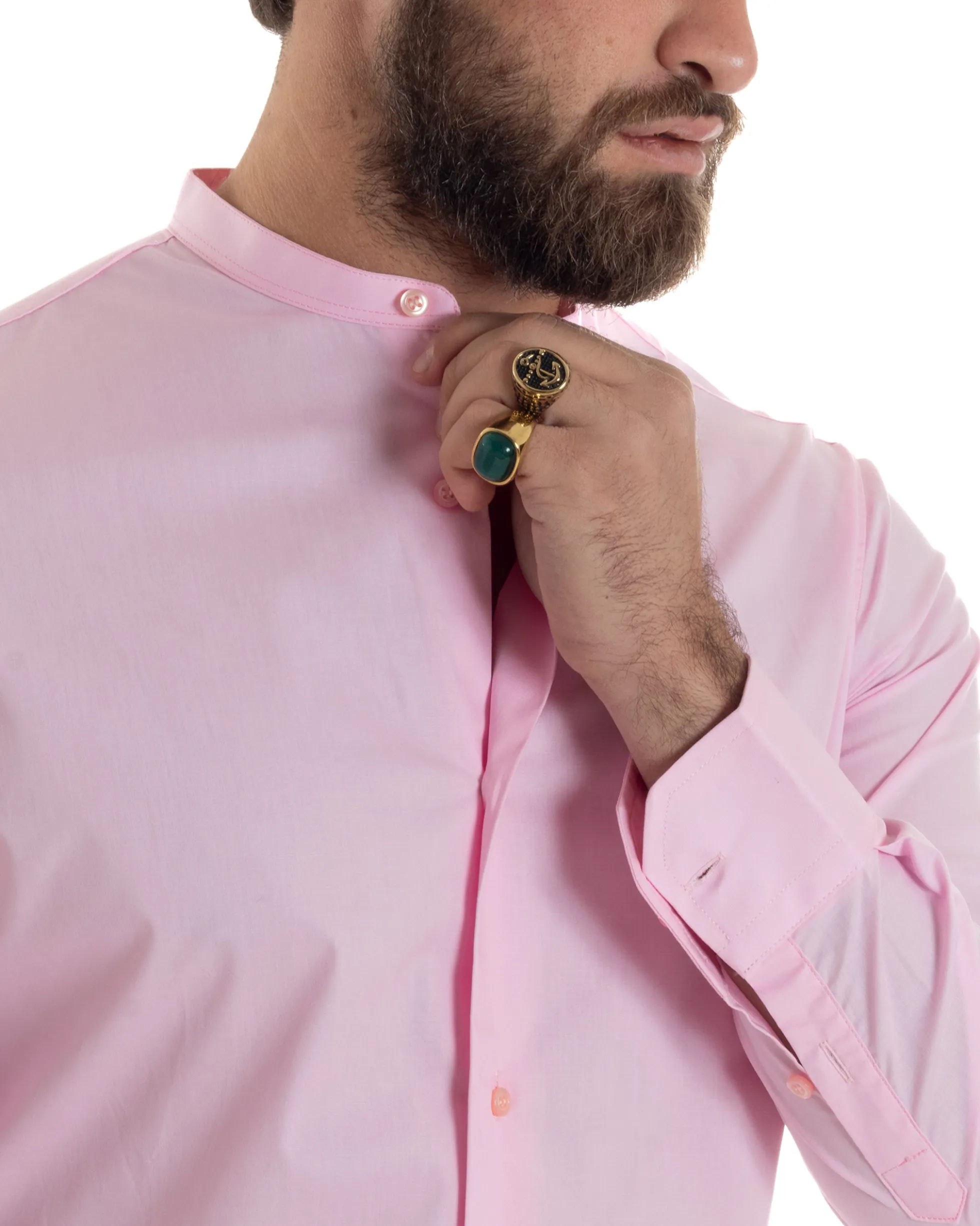 Camicia Uomo Collo Coreano Cotone Basic Sartoriale Slim Fit Rosa C2933A