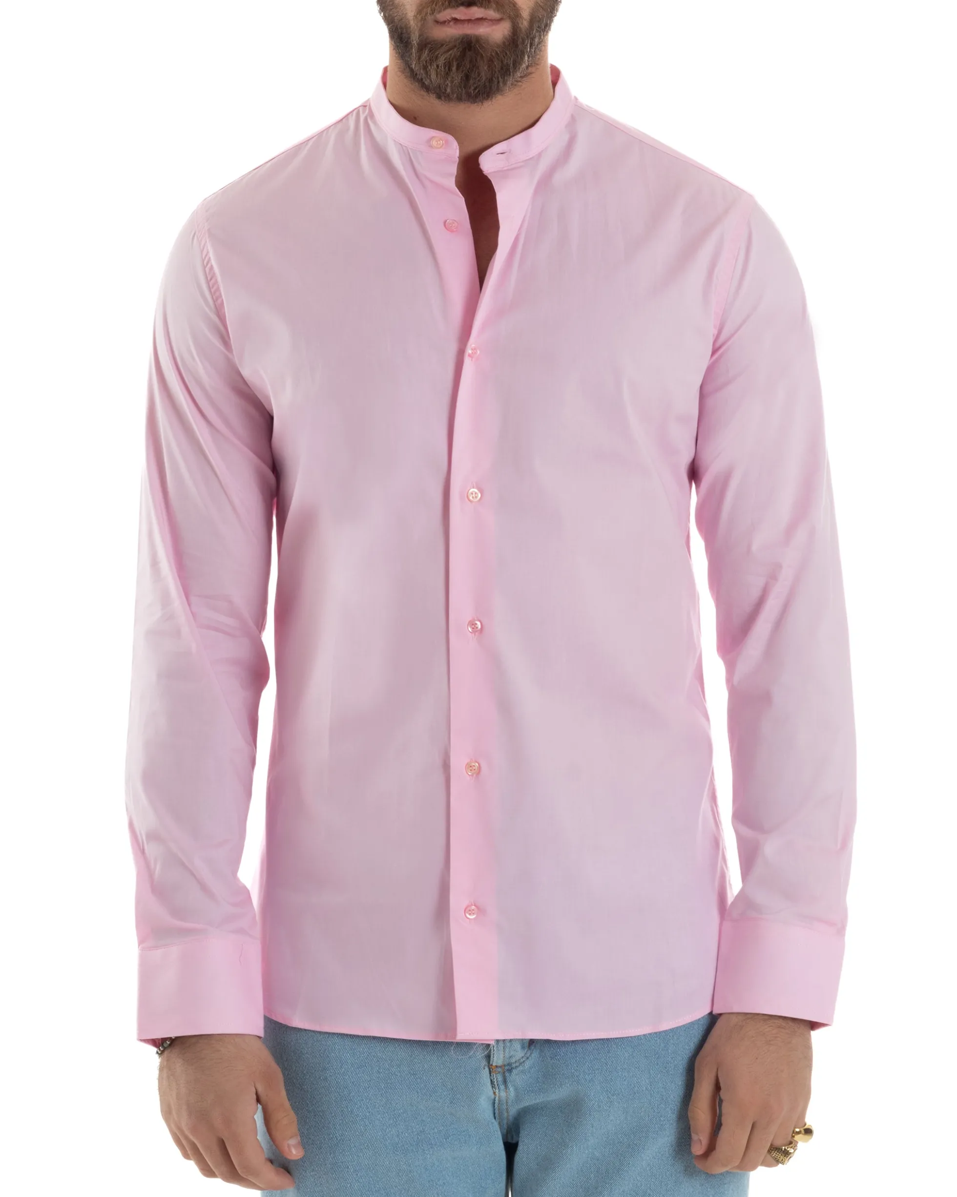 Camicia Uomo Collo Coreano Cotone Basic Sartoriale Slim Fit Rosa C2933A