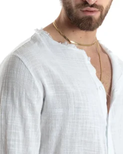 Camicia Uomo Collo Coreano Cotone Lino Sfrangiata Morbida Bianco GIOSAL-C2840A