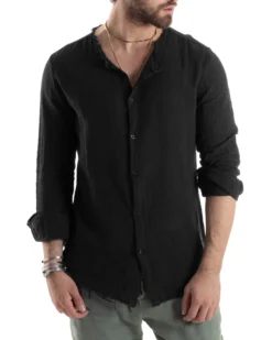 Camicia Uomo Collo Coreano Cotone Lino Sfrangiata Morbida Nero GIOSAL-C2843A