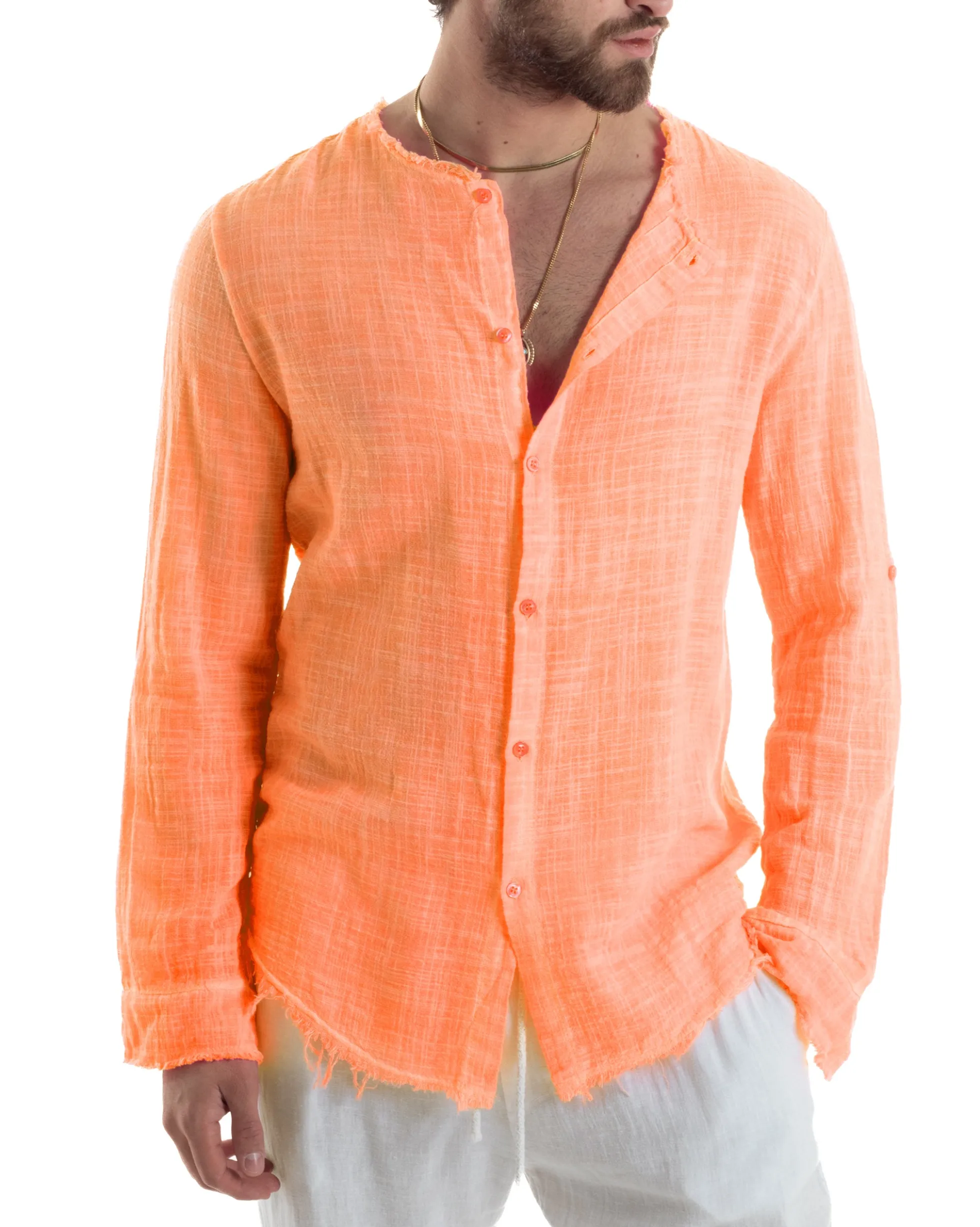 Camicia Uomo Collo Coreano Cotone Lino Sfrangiata Morbida Arancione Fluo GIOSAL-C2959A