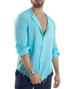 Camicia Uomo Collo Coreano Cotone Lino Sfrangiata Morbida Turchese GIOSAL-C2839A