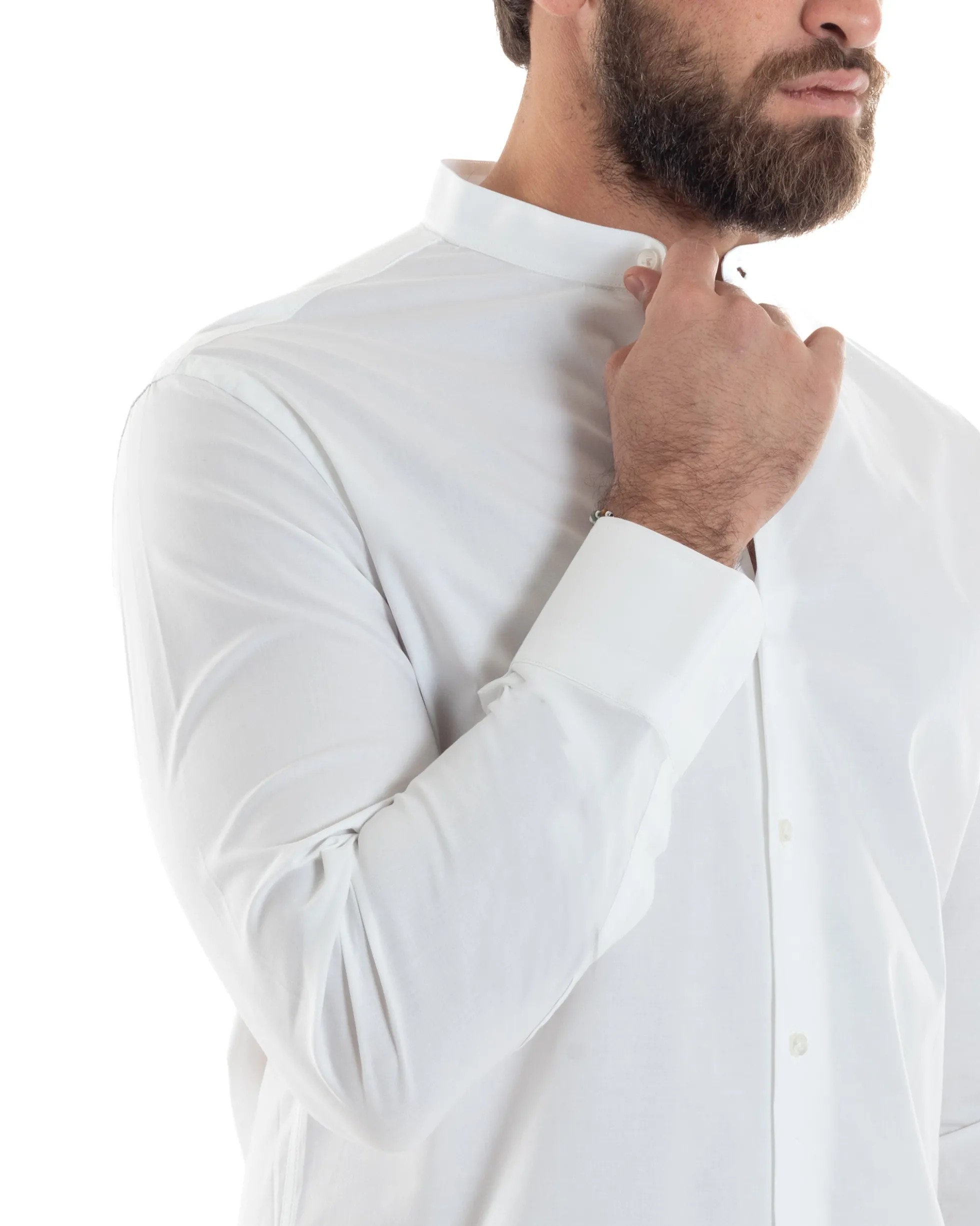 Camicia Uomo Collo Coreano Cotone Basic Sartoriale Slim Fit Bianco C2934A