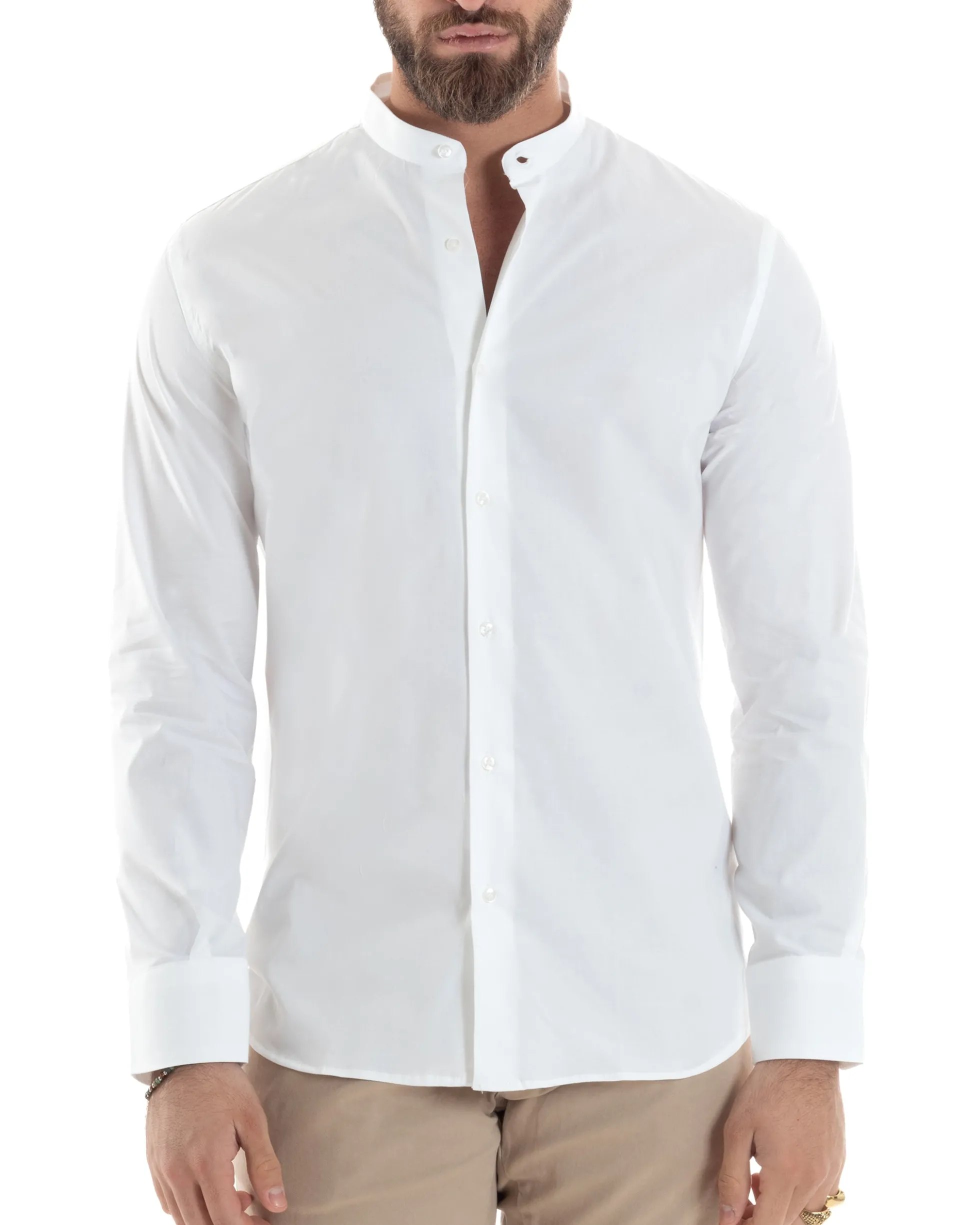 Camicia Uomo Collo Coreano Cotone Basic Sartoriale Slim Fit Bianco C2934A