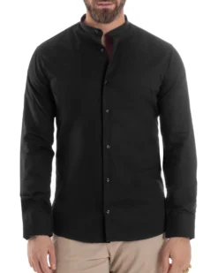 Camicia Uomo Collo Coreano Cotone Basic Sartoriale Slim Fit Nero C2931A