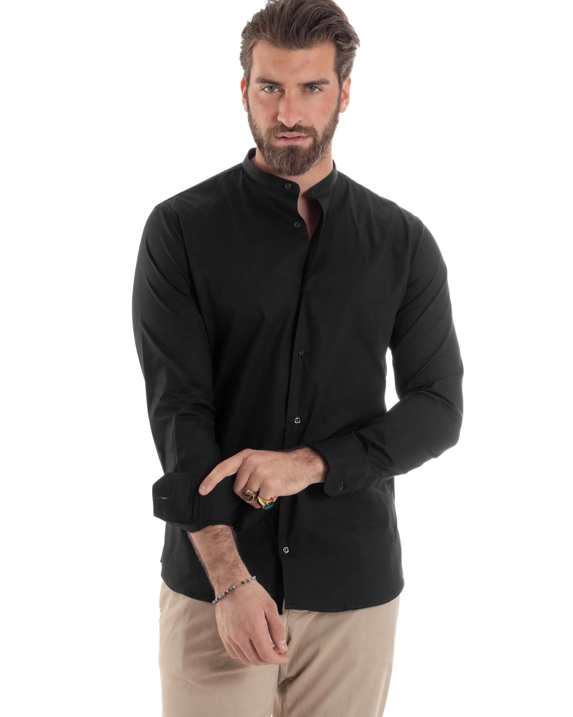 Camicia Uomo Collo Coreano Cotone Basic Sartoriale Slim Fit Nero C2931A