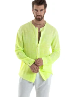Camicia Uomo Collo Coreano Cotone Lino Sfrangiata Morbida Giallo Fluo GIOSAL-C2960A