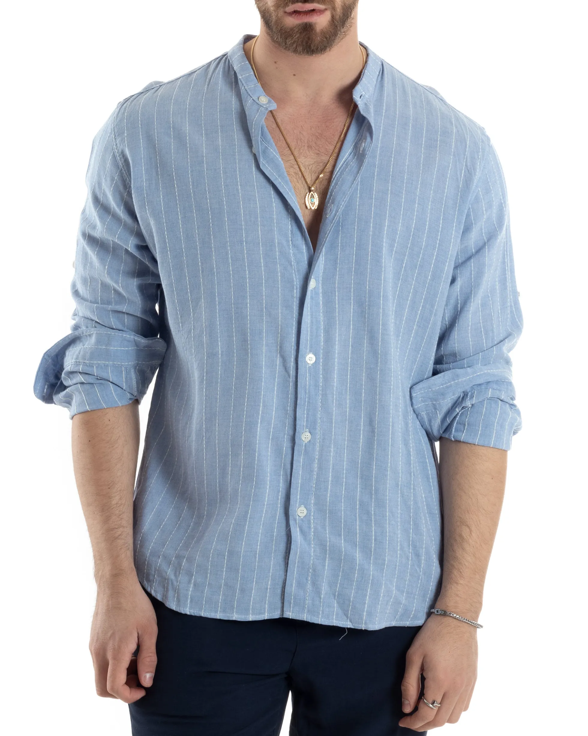 Camicia Uomo Collo Coreano Manica Lunga Lino Cotone Rigata Celeste GIOSAL-C2830A