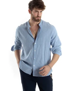 Camicia Uomo Collo Coreano Manica Lunga Lino Cotone Rigata Celeste GIOSAL-C2830A