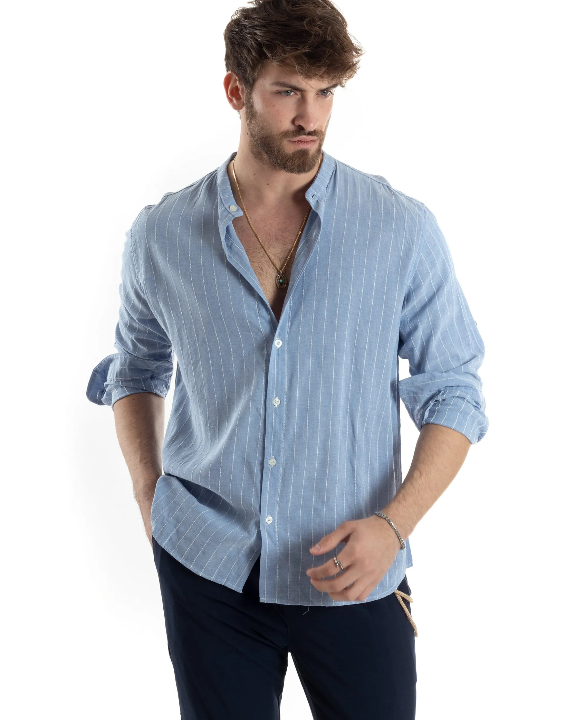 Camicia Uomo Collo Coreano Manica Lunga Lino Cotone Rigata Celeste GIOSAL-C2830A