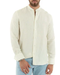 Camicia Uomo Collo Coreano Maniche Lunghe Lino Cotone Regular Fit Rigata Verde GIOSAL-C2754A