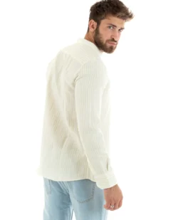 Camicia Uomo Collo Coreano Maniche Lunghe Lino Cotone Regular Fit Rigata Verde GIOSAL-C2754A