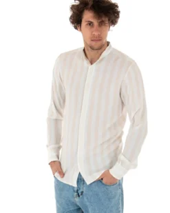 Camicia Uomo Collo Coreano Manica Lunga Viscosa Fantasia a Righe Beige GIOSAL-C1919A