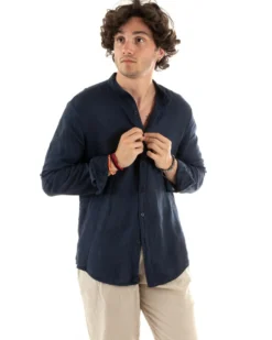 Camicia Uomo Collo Coreano Slim Fit Lino Tinta Unita Maniche Lunghe Blu GIOSAL-C2883A