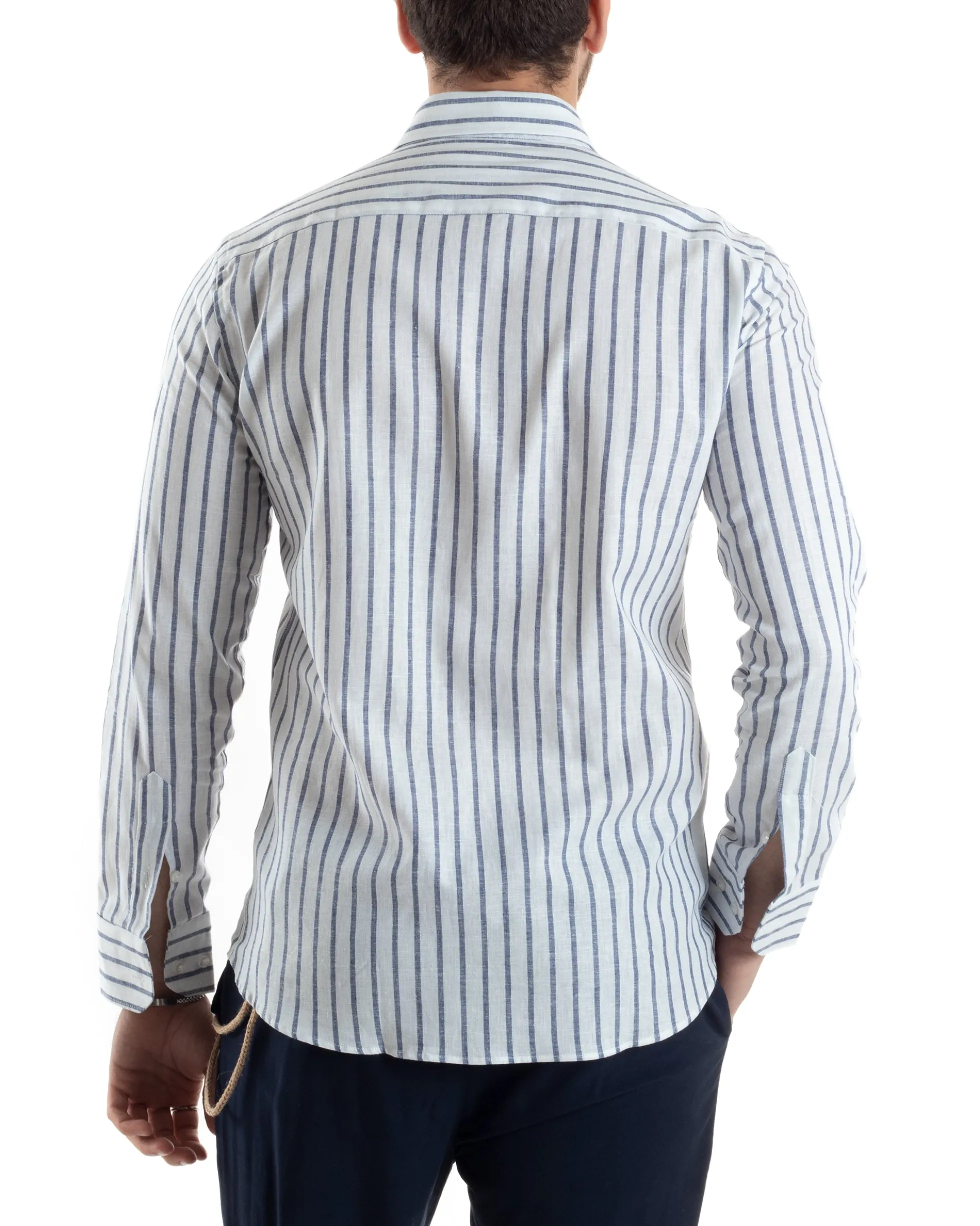 Camicia Uomo Collo Francese Lino Riga Stretta Blu C2748A