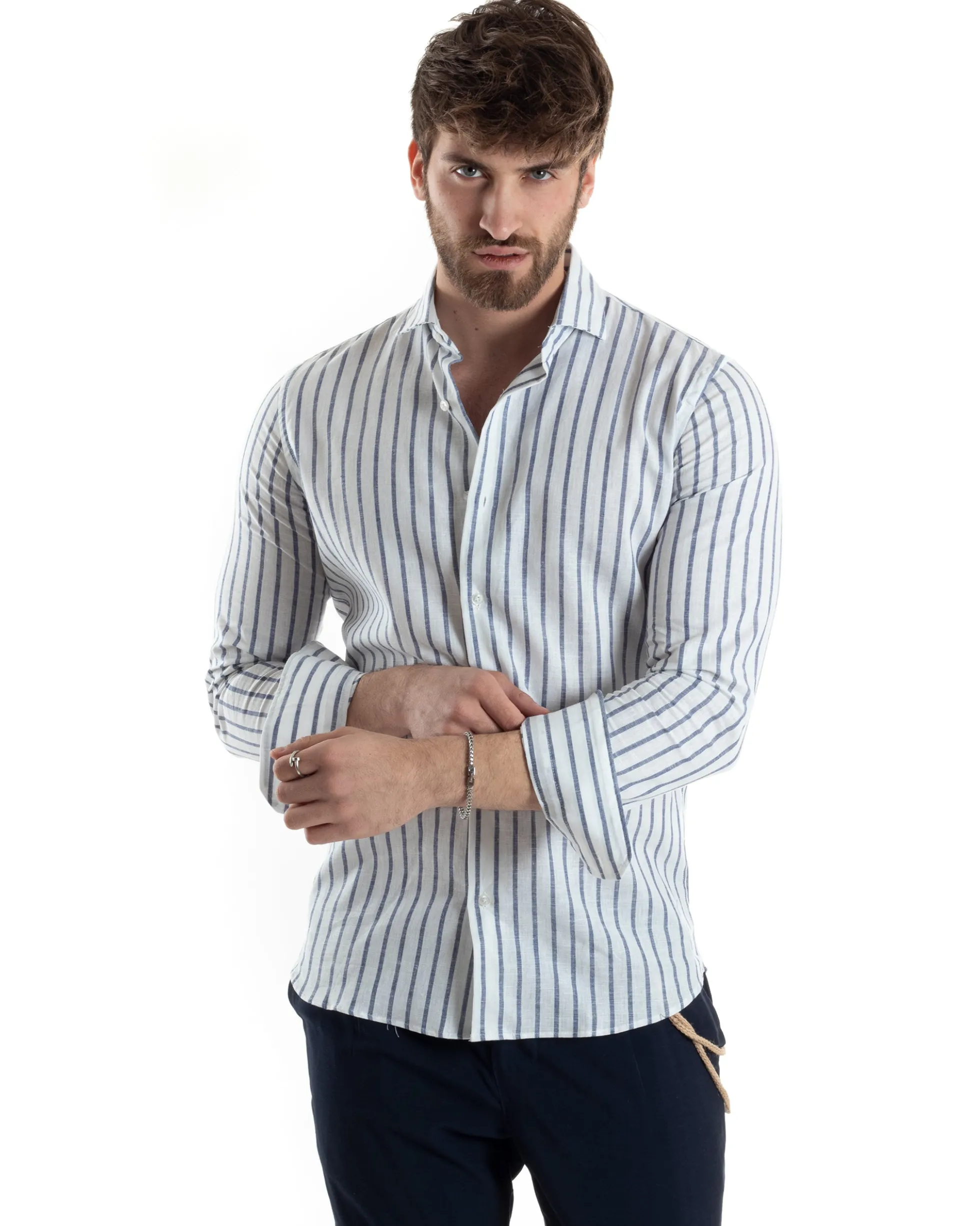 Camicia Uomo Collo Francese Lino Riga Stretta Blu C2748A