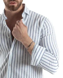Camicia Uomo Collo Francese Lino Riga Stretta Blu C2748A