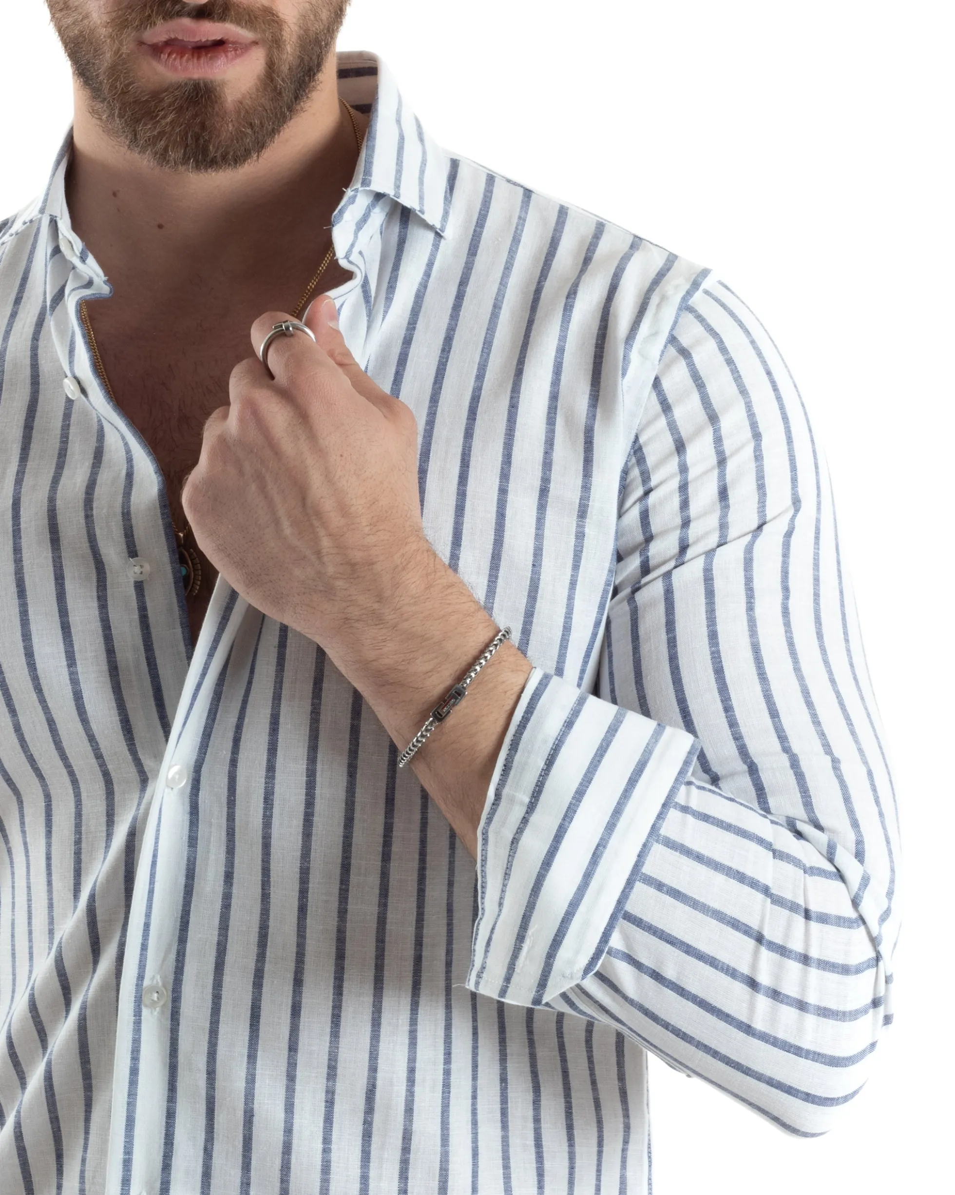 Camicia Uomo Collo Francese Lino Riga Stretta Blu C2748A
