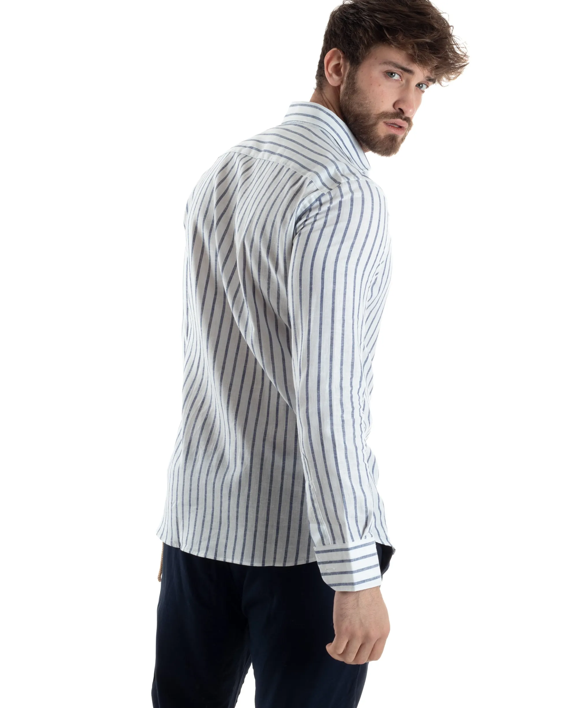 Camicia Uomo Collo Francese Lino Riga Stretta Blu C2748A