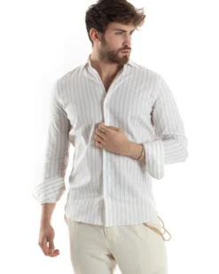 Camicia Uomo Collo Francese Lino Riga Stretta Beige C2750A