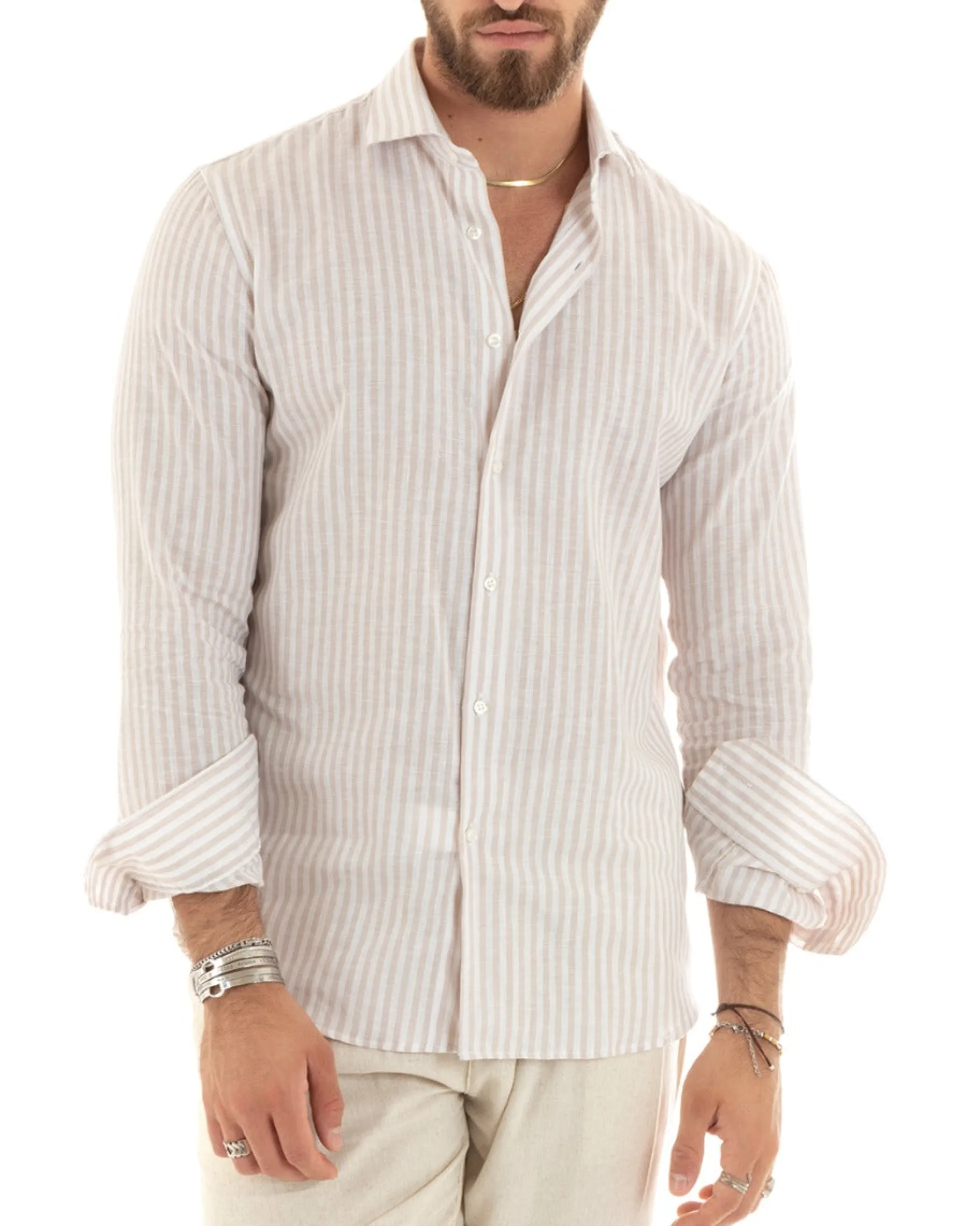 Camicia Uomo Collo Francese Sartoriale Lino Rigata Stretta Beige C2689A