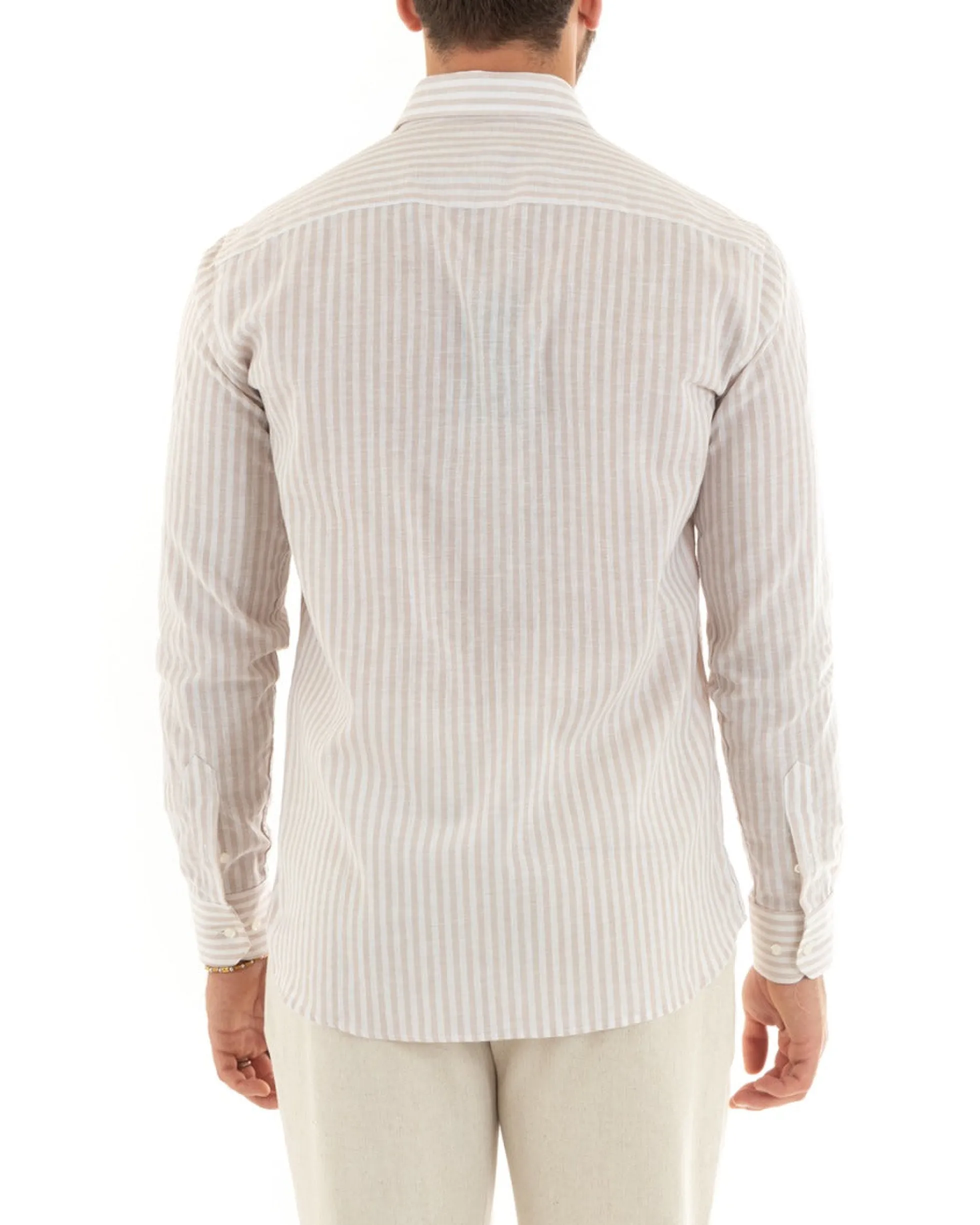 Camicia Uomo Collo Francese Sartoriale Lino Rigata Stretta Beige C2689A