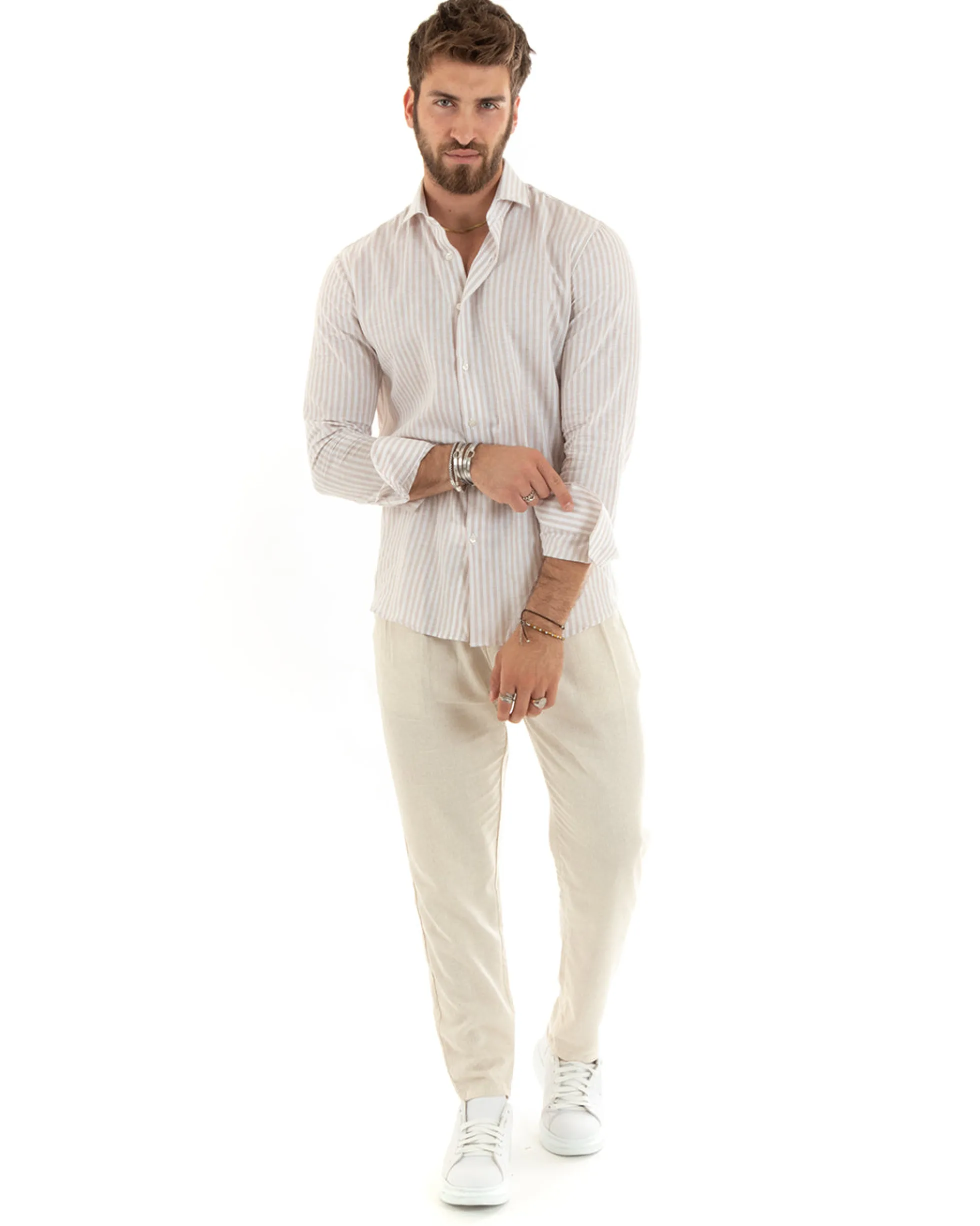 Camicia Uomo Collo Francese Sartoriale Lino Rigata Stretta Beige C2689A