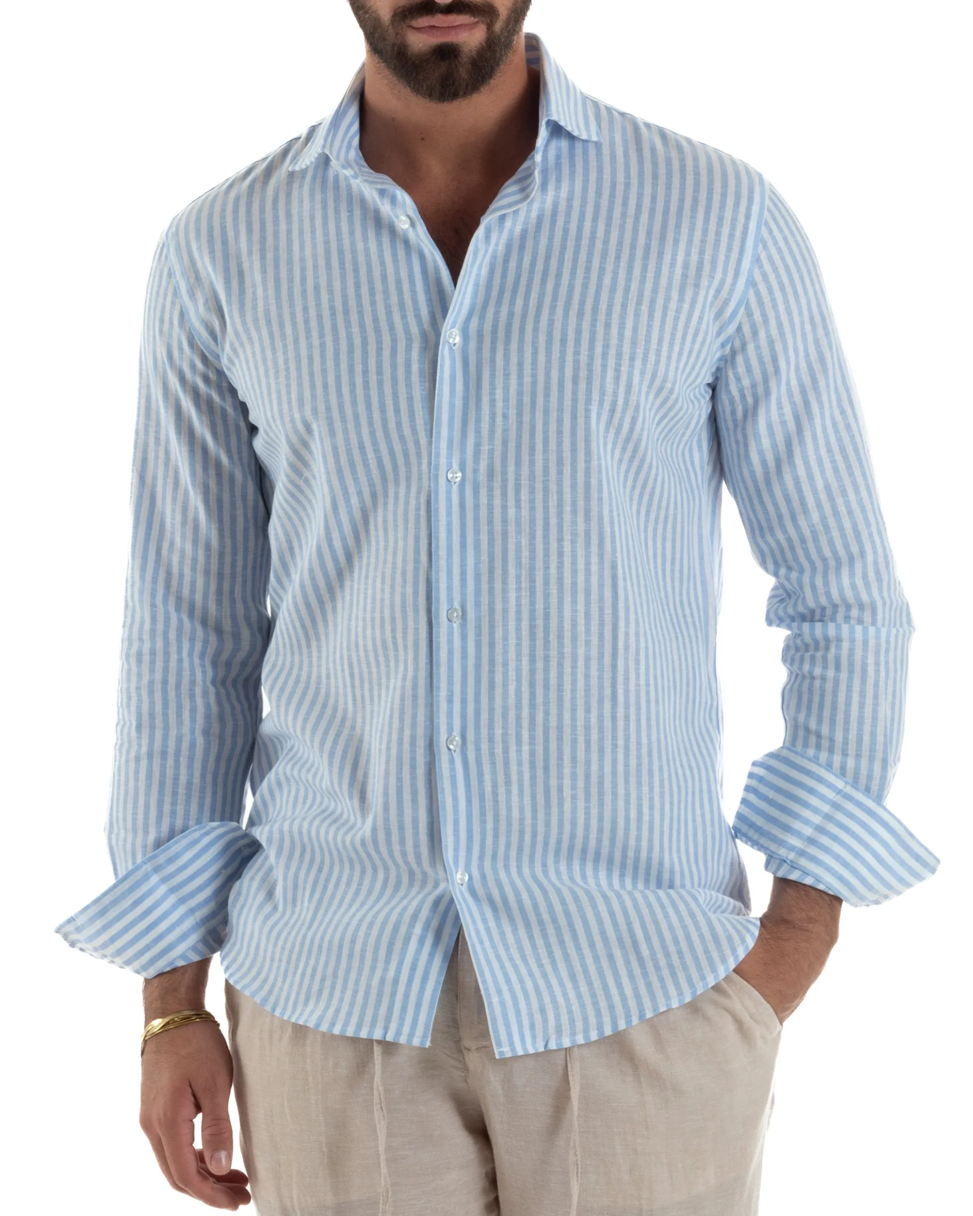 Camicia uomo collo francese sartoriale lino rigata stretta celeste GIOSAL-C3085A