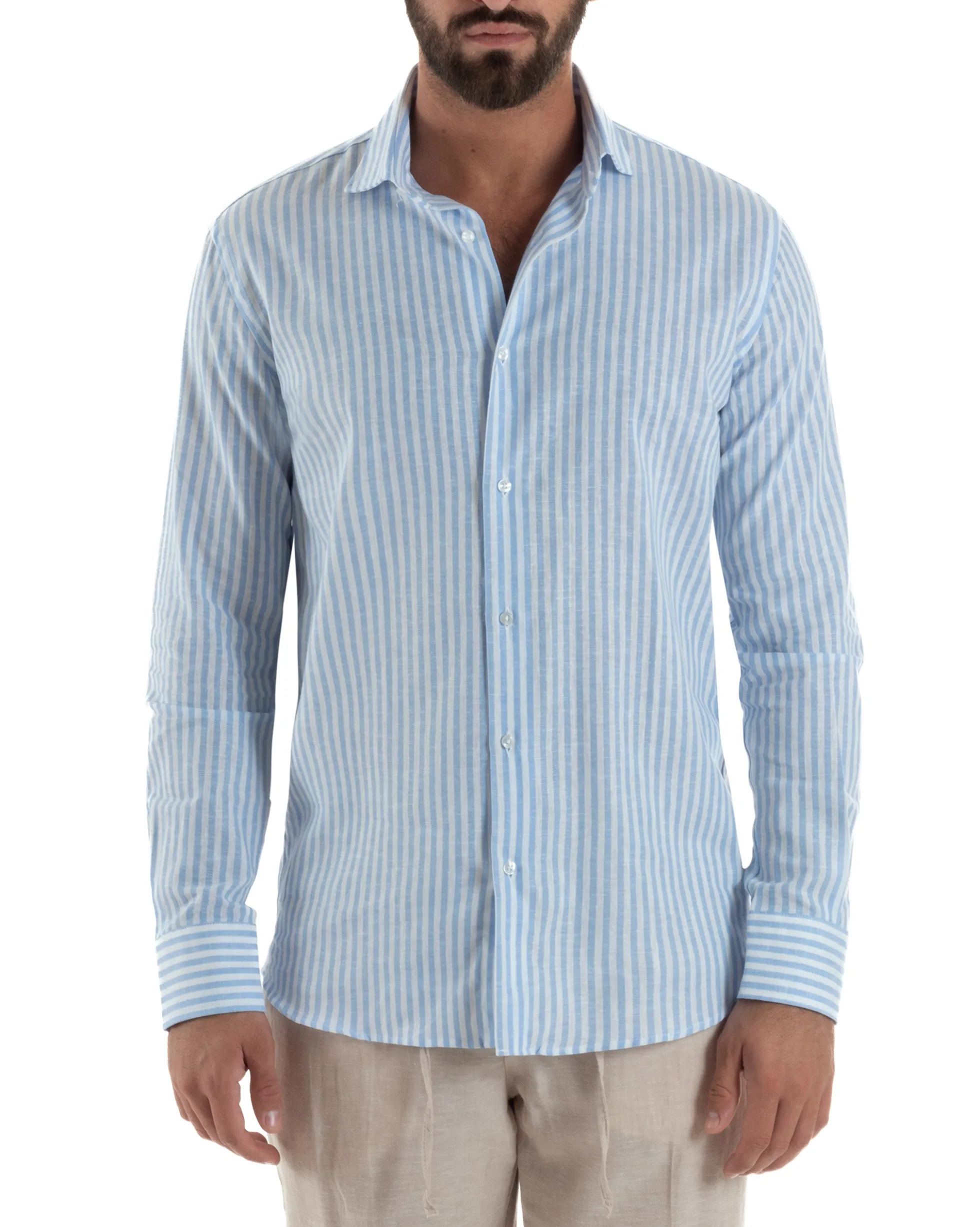 Camicia uomo collo francese sartoriale lino rigata stretta celeste GIOSAL-C3085A