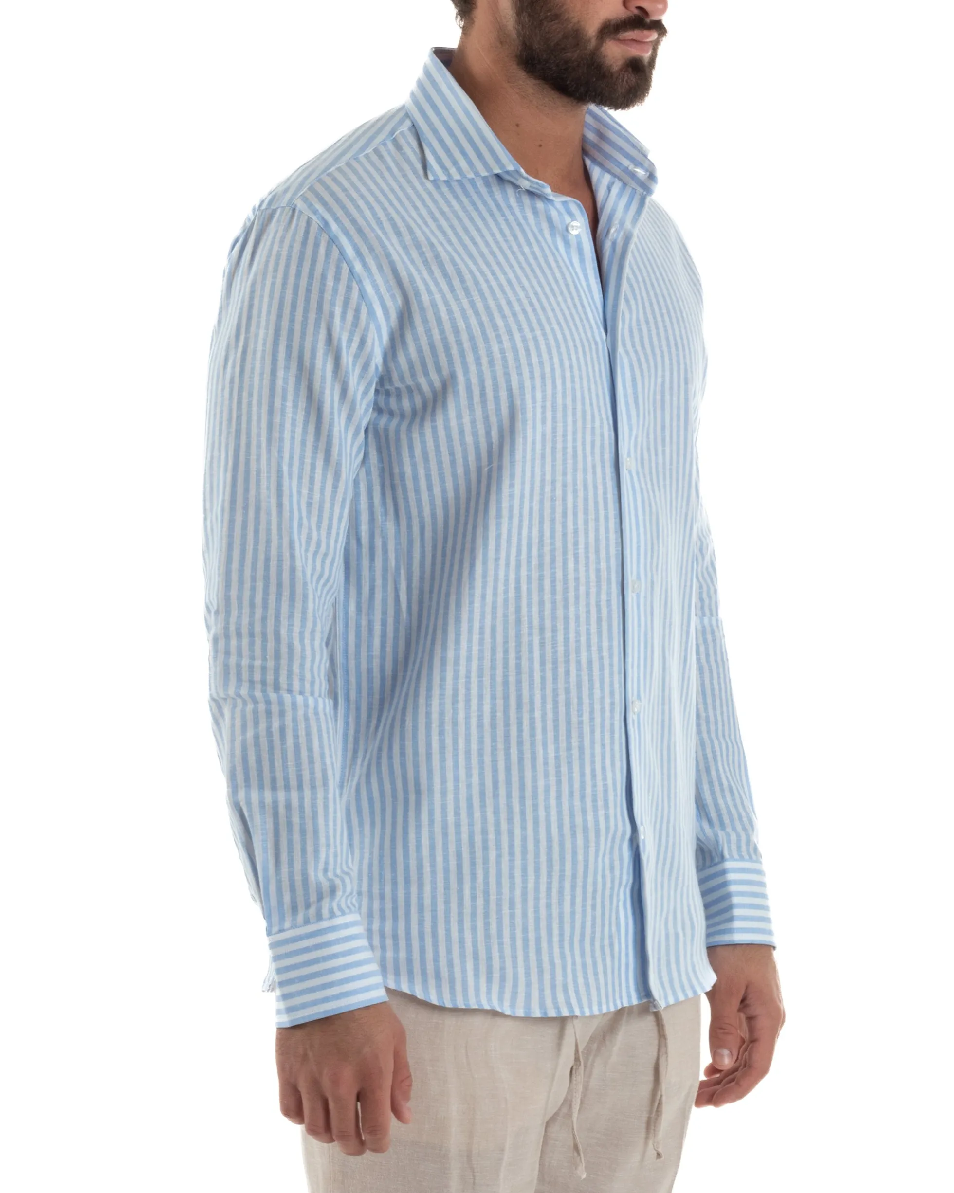 Camicia uomo collo francese sartoriale lino rigata stretta celeste GIOSAL-C3085A