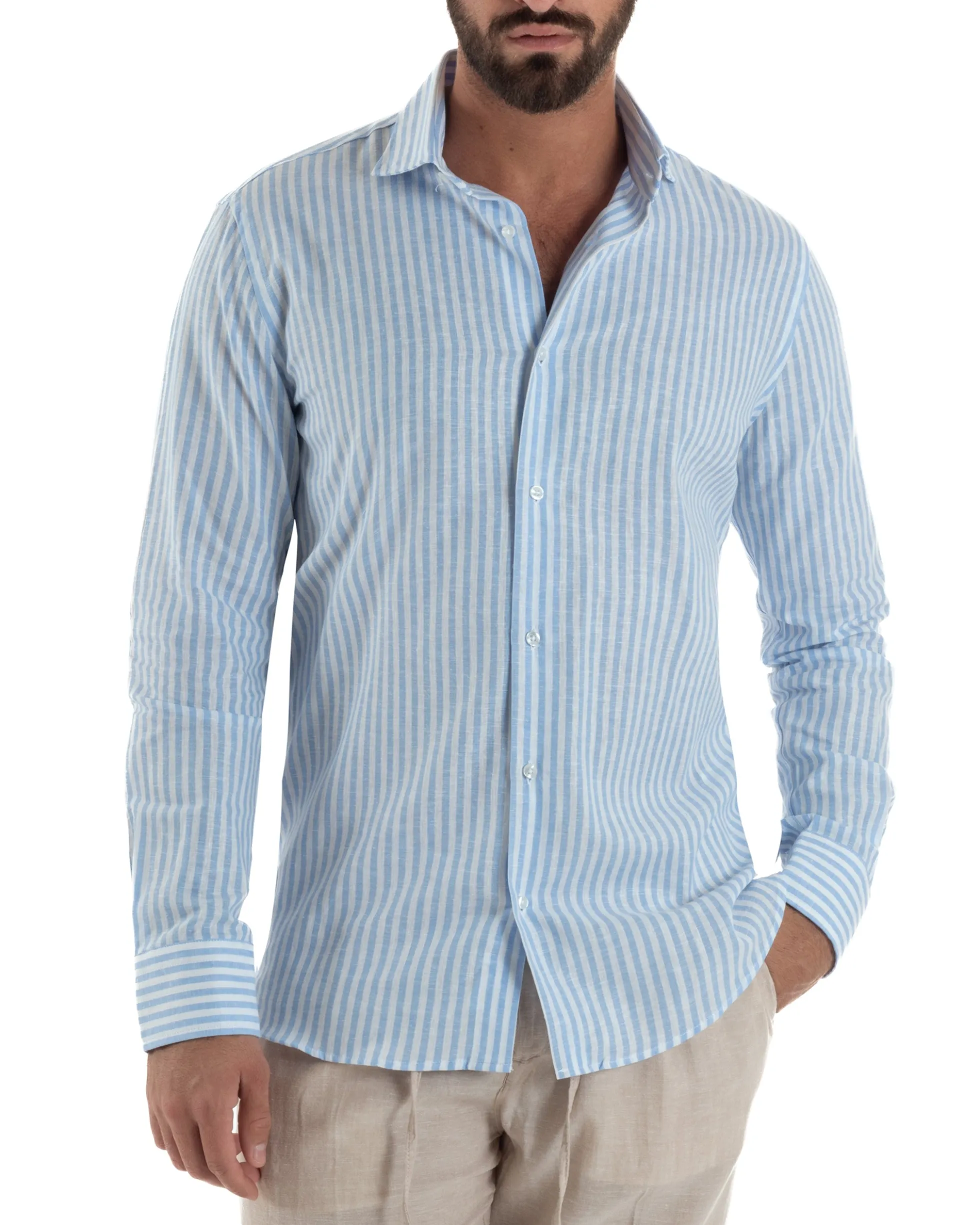 Camicia uomo collo francese sartoriale lino rigata stretta celeste GIOSAL-C3085A