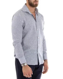 Camicia Uomo Collo Francese Sartoriale Lino Rigata Stretta Blu C2688A
