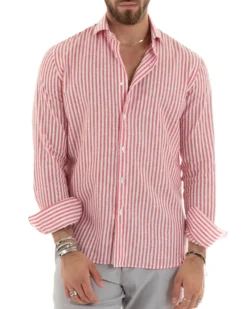 Camicia Uomo Collo Francese Sartoriale Lino Rigata Stretta Rosso C2690A