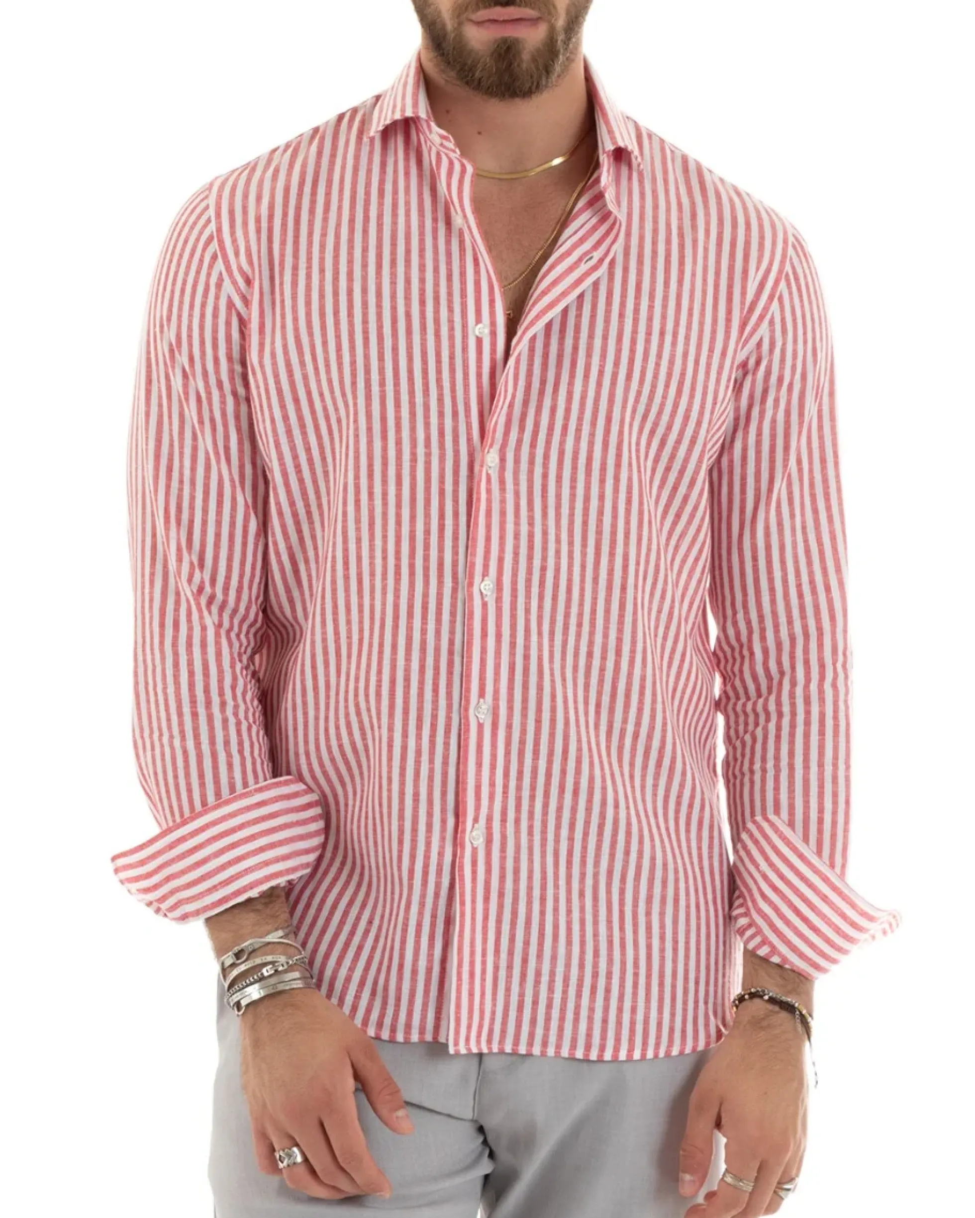 Camicia Uomo Collo Francese Sartoriale Lino Rigata Stretta Rosso C2690A