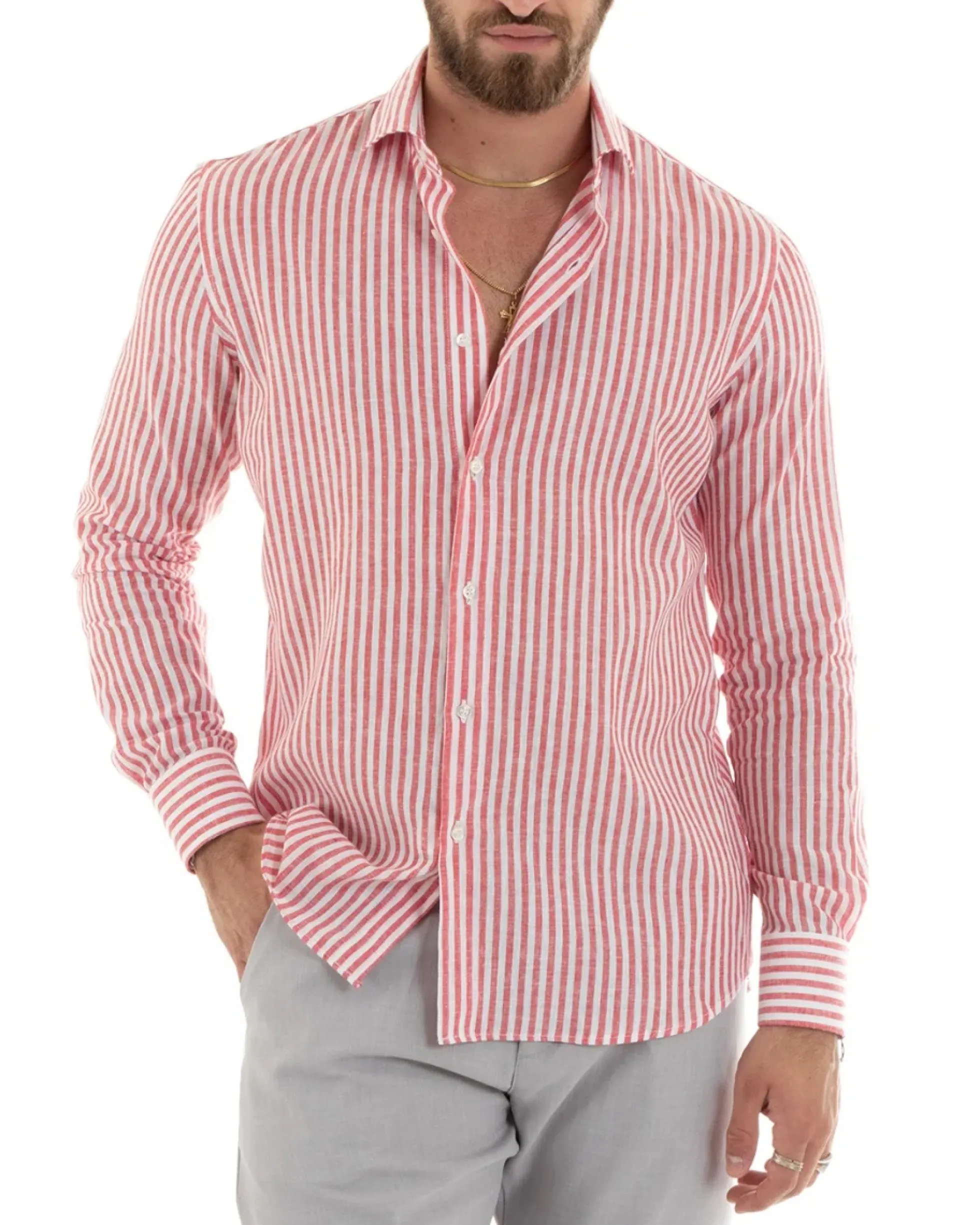 Camicia Uomo Collo Francese Sartoriale Lino Rigata Stretta Rosso C2690A