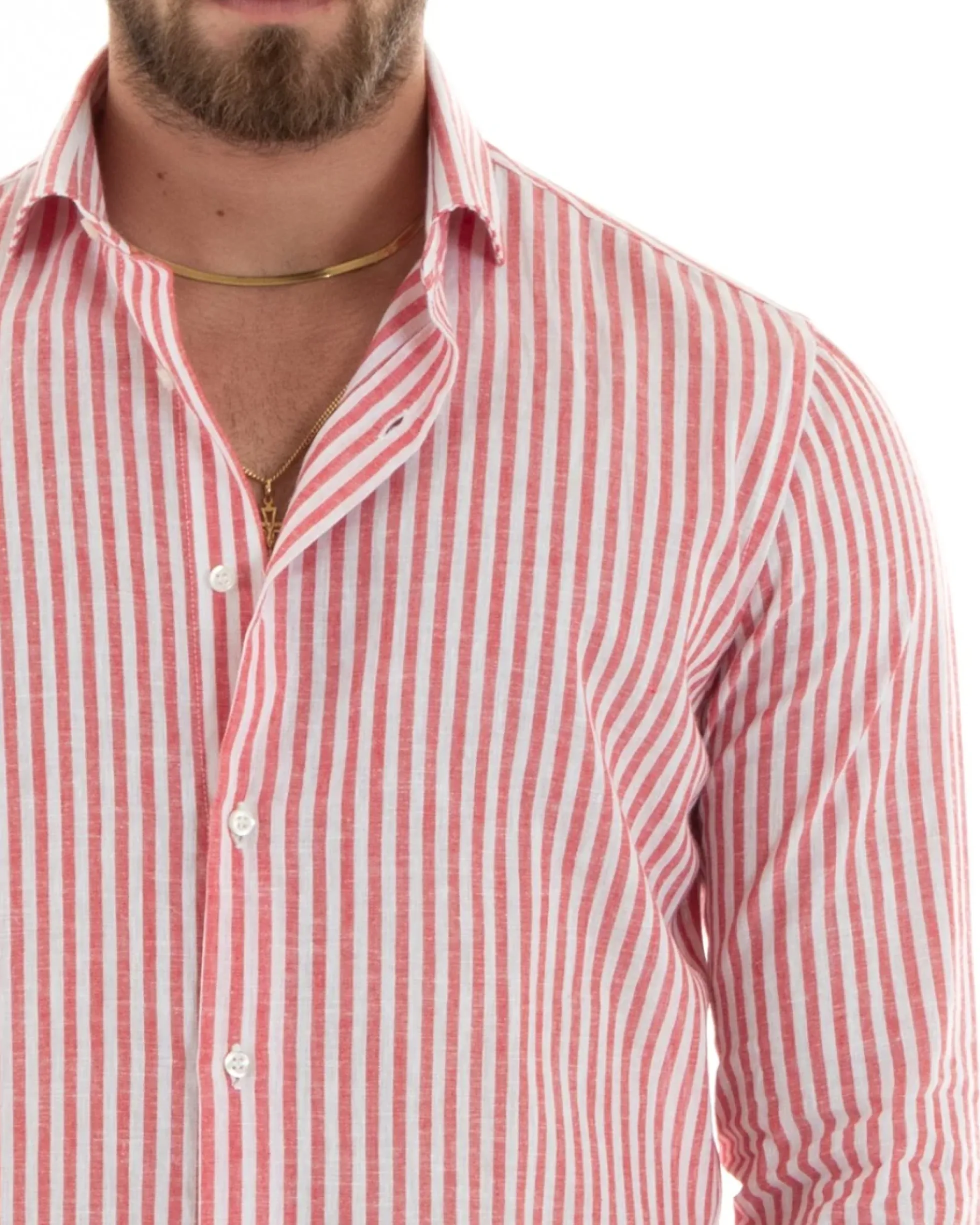 Camicia Uomo Collo Francese Sartoriale Lino Rigata Stretta Rosso C2690A