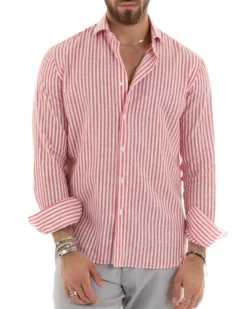 Camicia Uomo Collo Francese Sartoriale Lino Rigata Stretta Rosso C2690A