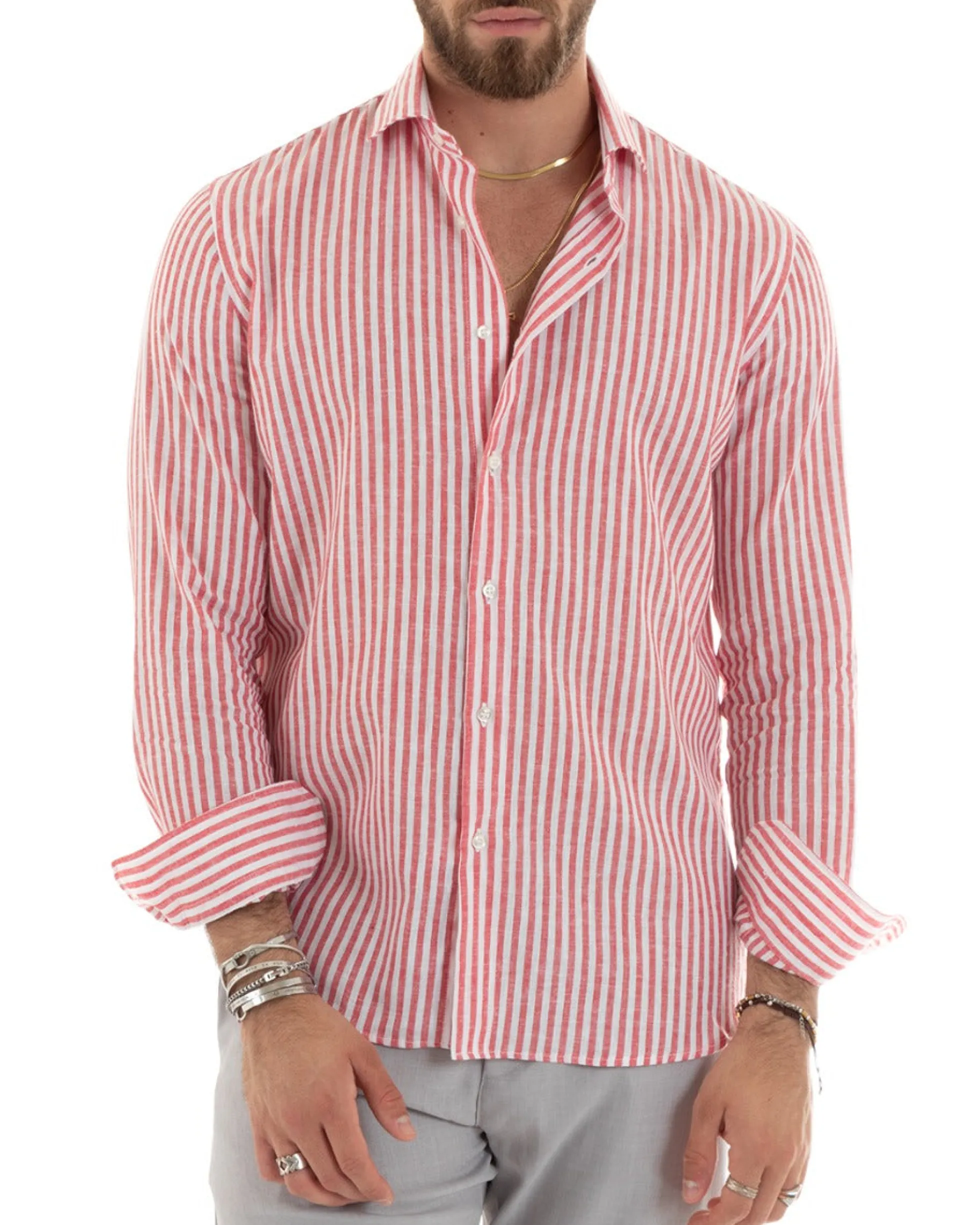 Camicia Uomo Collo Francese Sartoriale Lino Rigata Stretta Rosso C2690A