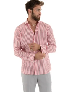 Camicia Uomo Collo Francese Sartoriale Lino Rigata Stretta Rosso C2690A