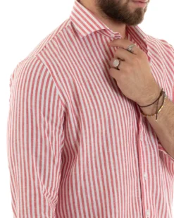 Camicia Uomo Collo Francese Sartoriale Lino Rigata Stretta Rosso C2690A
