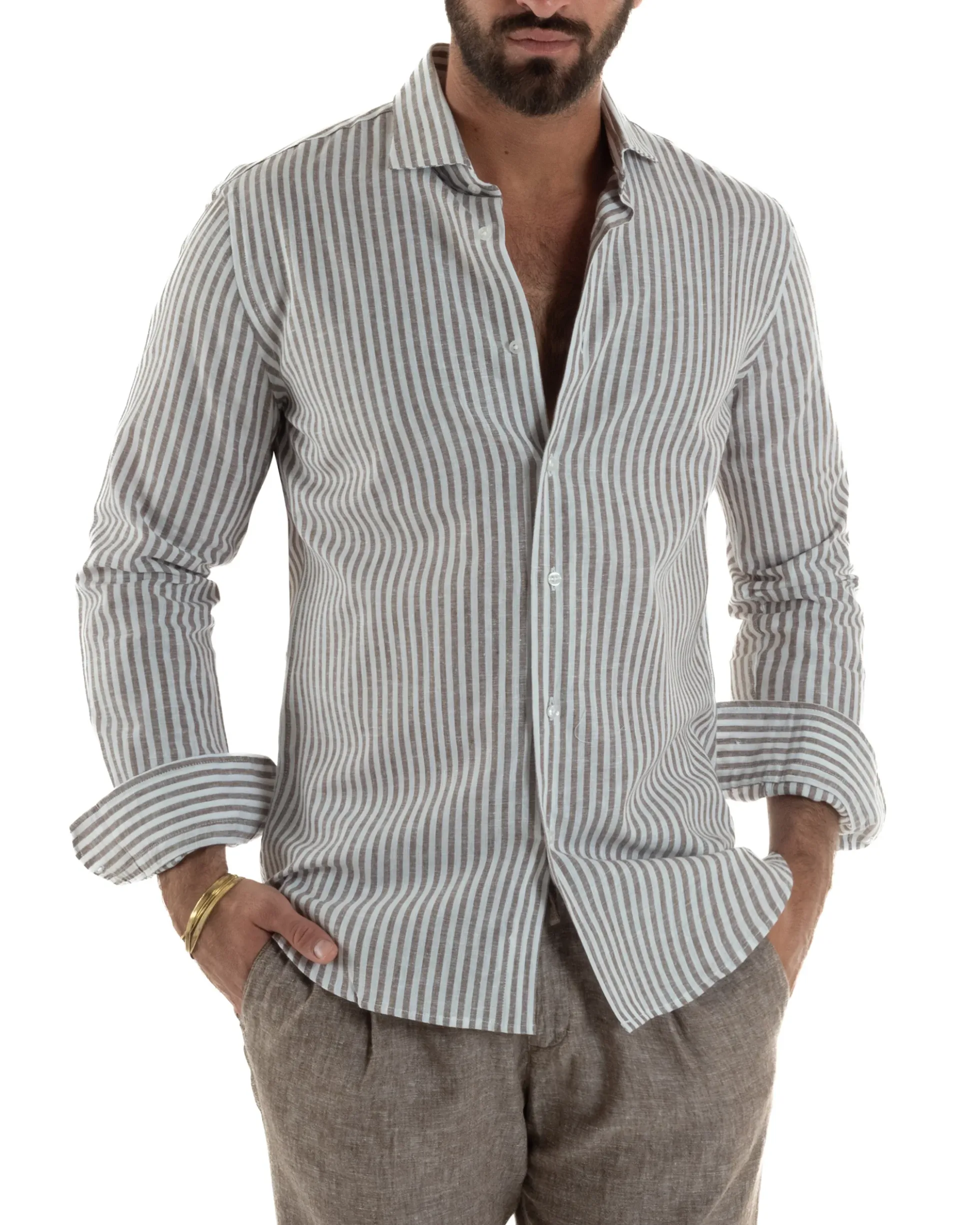 Camicia uomo collo francese sartoriale lino rigata stretta marrone GIOSAL-C3086A