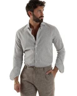 Camicia uomo collo francese sartoriale lino rigata stretta marrone GIOSAL-C3086A