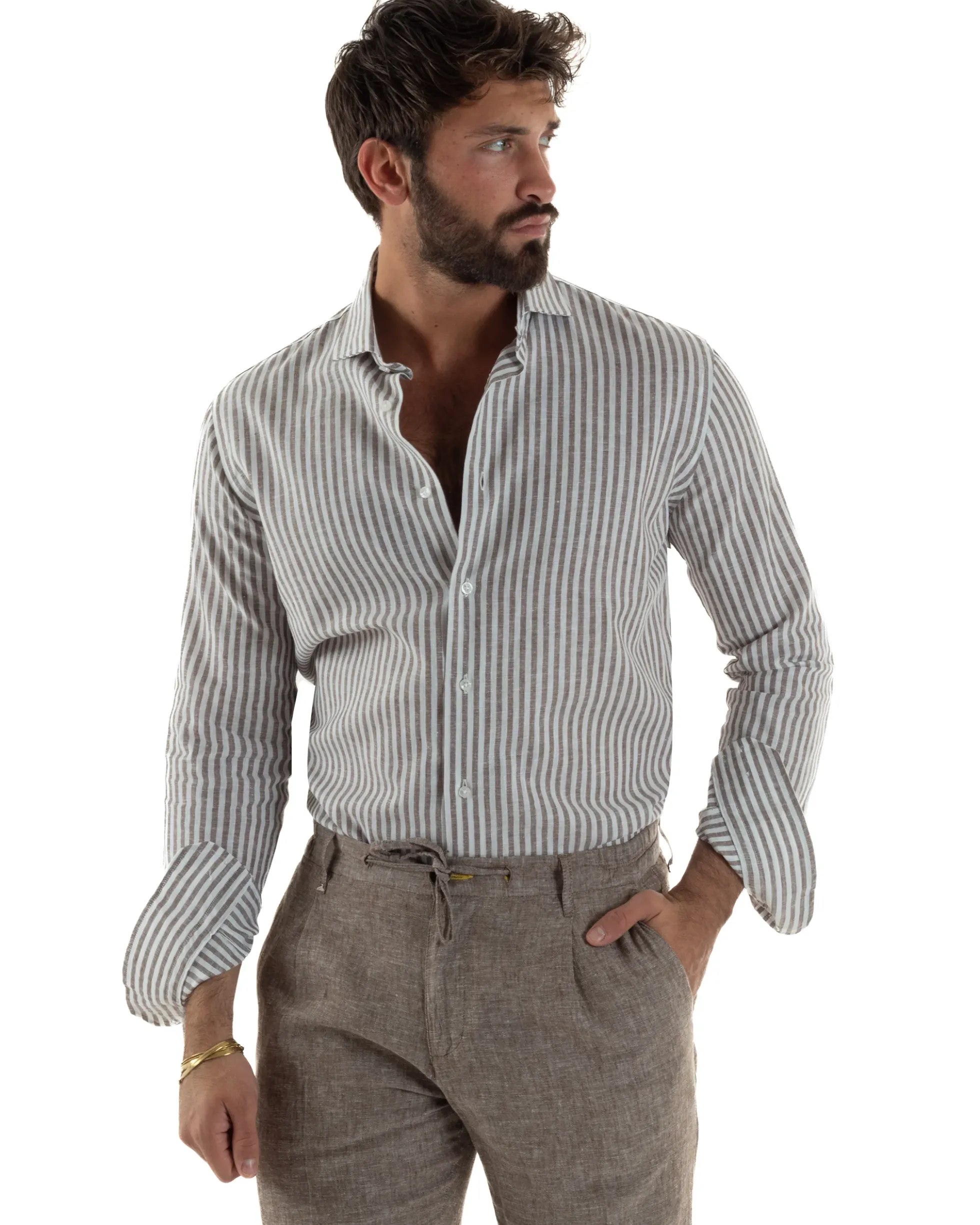 Camicia uomo collo francese sartoriale lino rigata stretta marrone GIOSAL-C3086A