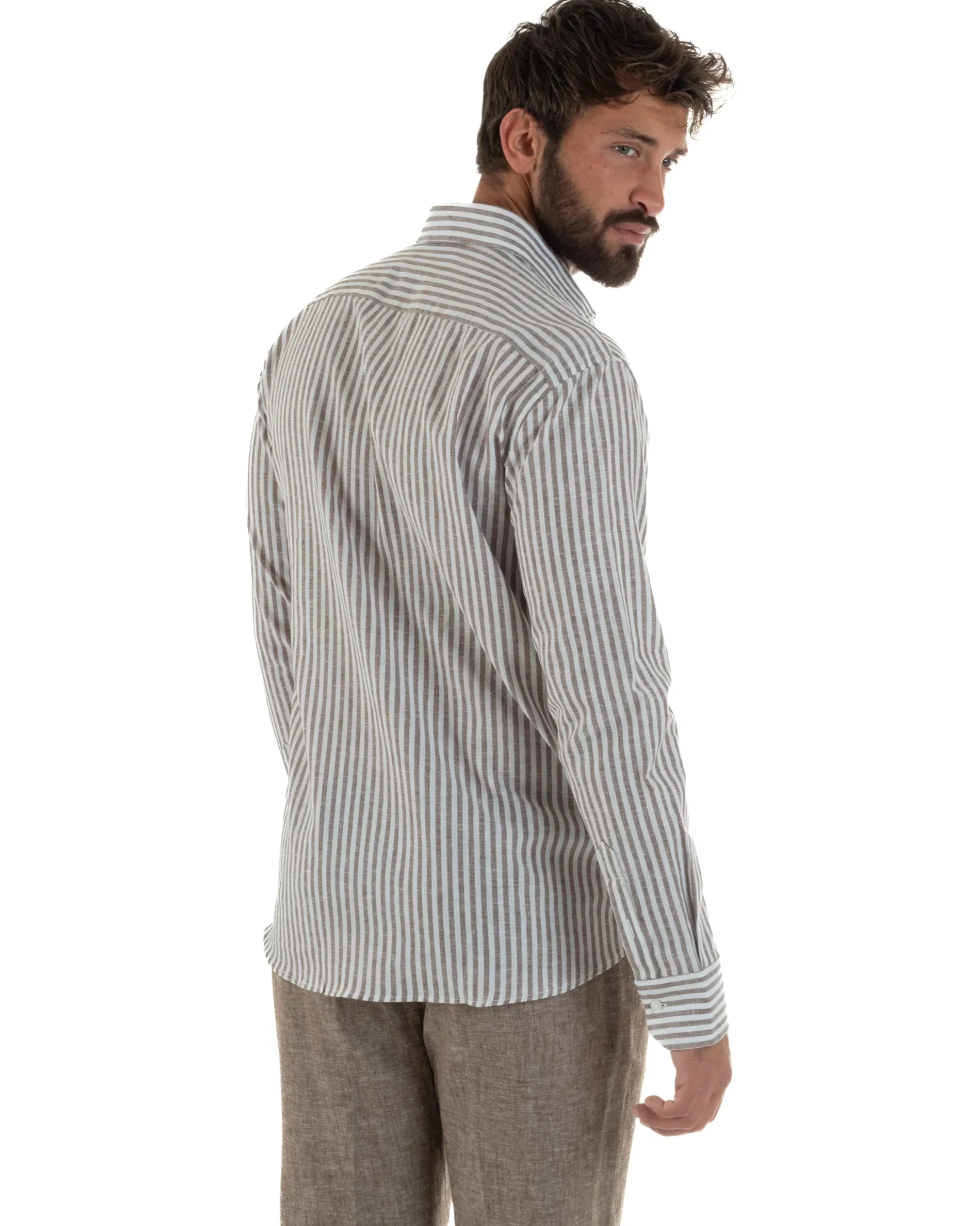 Camicia uomo collo francese sartoriale lino rigata stretta marrone GIOSAL-C3086A